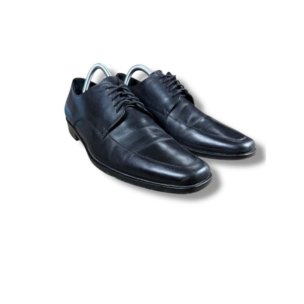 Hugo Boss Dress Shoe Size 9 Men's Embossed Logo Black Leather Lace Up Apron Toe